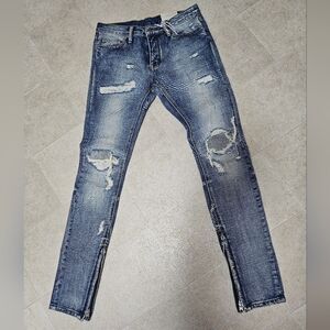 MNML Men's M1 Denim Blue Ankle Zipper Skinny Jeans Button New With Tags